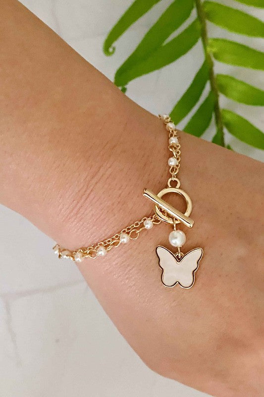 Rory Layered Pearl Chain Butterfly Bracelet