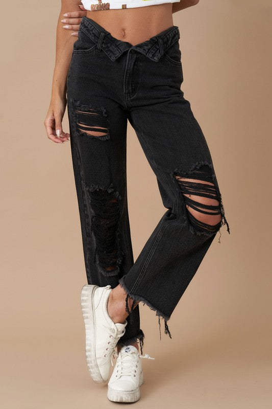 Leighton Frayed Flip Waist Straight Jeans